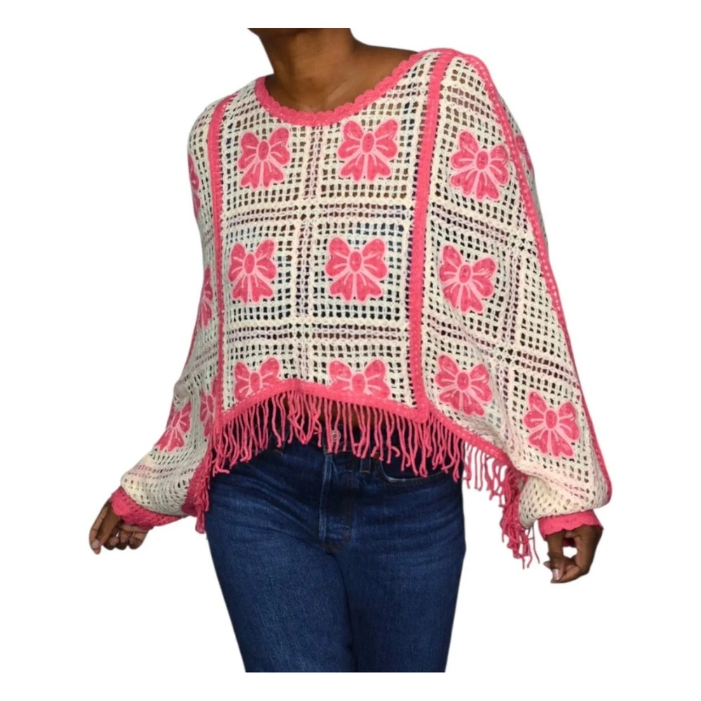 House of Harlow 1960 Pink Bow Floral Crochet Fringe Knit Top OS